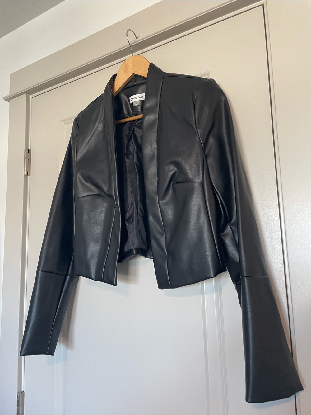 Calvin Klein Black Faux Leather Cropped Open-Front Jacket